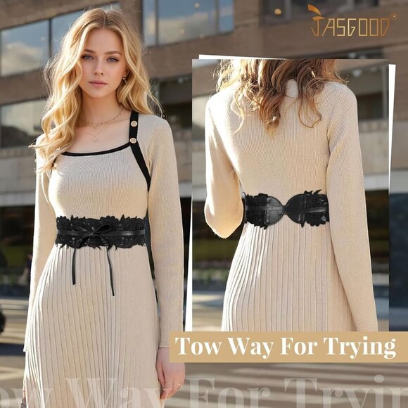 Women Lace Faux Leather Wide Waist Belt Corset Dress Obi Bowknot main image 8
